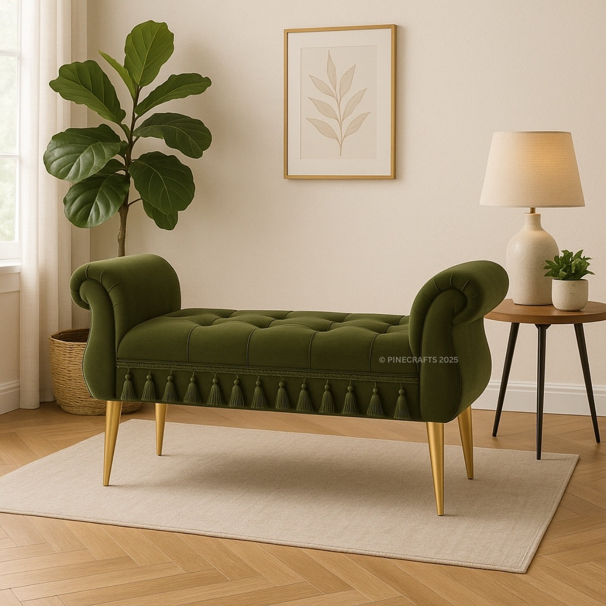 Green tufted bench with gold legs in a living room setting.